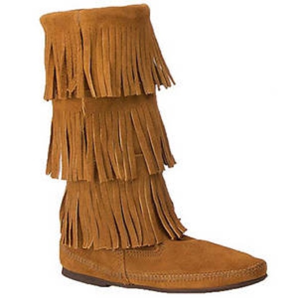 Minnetonka Moccasin Cognac Three Layer Fringe Suede Boots Size 9
